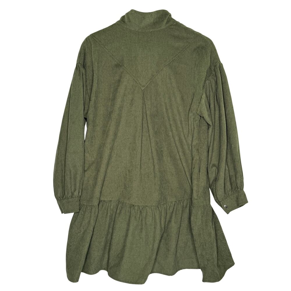 Entro Olive Military Green Ruffle Corduroy Mini Shirt Dress L Pocket Detail - Picture 2 of 7